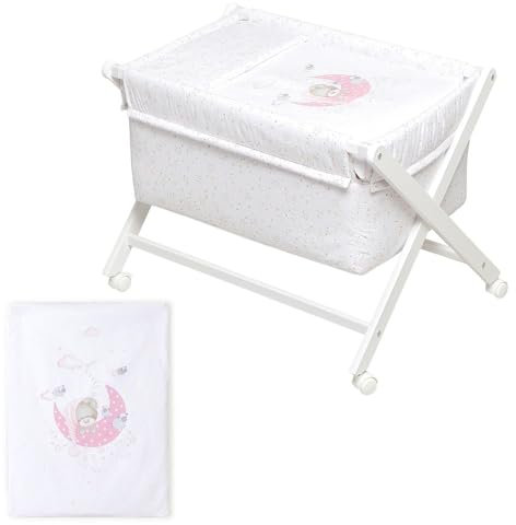 Interbaby - Minicuna Plegable Tijera modelo Bear Sleeping - Estructura de madera con Vestidura (Colcha y Almohada Desenfundable) con Colchón.