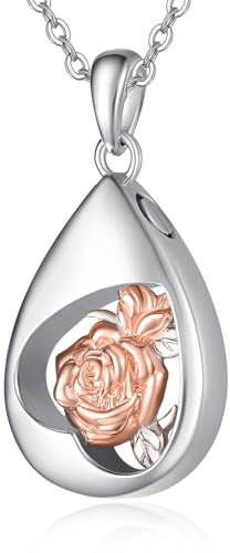 TANGPOET Teardrop Urn Necklace 925 Sterling Silver Rose Flower Ashes Necklace, Cremation Jewellery for Ashes Pendant, Gifts for Women Girls, with Funnel Filler Kit