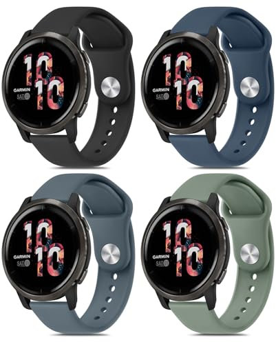 Vancle 4 Pieces Bracelet Compatible avec Garmin Venu 3/Venu 2/Forerunner 255/Forerunner 265/Vivoactive 4 Homme Femme, 22mm Silicone Sport Bracelet (Noir/Bleu Marine/Bleu Gris/Vert Olive)
