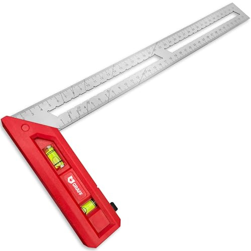 Squadra da falegname 400 mm di precisione 90°/45° – Squadra da carpentiere con doppia livella a bolla – Impugnatura in plastica e righello in acciaio inox GRAFF
