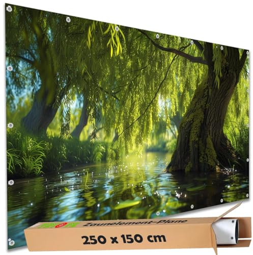 TRIOSK Sichtschutz Garten Deko Zaun Plane Blickdicht groß mit Zaunblende Motiv Uferweide Fluss Wasser Baum Bach für Balkon Terrasse Zaunelement Doppelstabmatten Gartenzaun PVC 250x150 cm