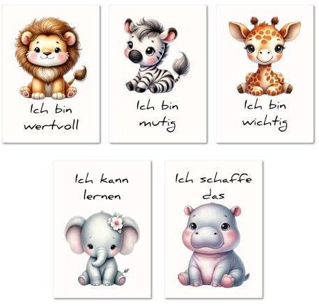 PapierGalerie© 5er Set Tierbilder I Deko für Kinderzimmer & Babyzimmer | DIN A4 Wandbilder mit Wald- & Safaritieren für Jungen & Mädchen I Giraffe, Nilpferd, Löwe, Elefant, Zebra (ohne Rahmen)
