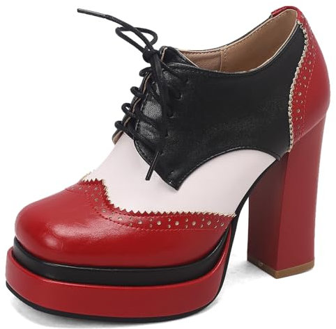 Makmeoyw DaHerren Jahrgang Mixed Colors Oxfords Schuhe Block Heel Square Toe Schnüren Brogue Pumps Polyurethane Party Dress Red Plateau Heel Arbeit Buro Frühjahr Schuhe Size 6