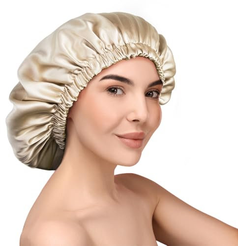 Umisleep 22 Momme - Cappello per dormire in 100% seta di gelso, doppio strato per capelli ricci, traspirante e regolabile con fascia elastica per un fissaggio sicuro, Colore Champagne, 53-63