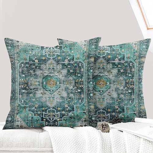 ECZOIL 2er Set Boho Kissenbezug 50x50 cm Kissenhülle Dekorative Boho Stil Vintage Zierkissenbezüge Kissen für Sofa Sessel Zuhause Schlafzimmer mit Verstecktem Reißverschluss - Cyan