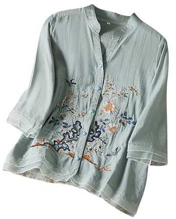 Linen Shirt Women Summer Embroidery Linen Tunic Tops Retro Jacquard Short Sleeve Boho Blouse Casual Loose Fit Flowy Hem Tee Shirt Lightweight Summer Beach Wear Blouse for Vacation Office