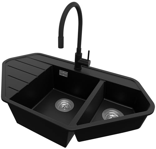 PRIMAGRAN Granitspüle ab 70er Unterschrank + Küchenarmatur, 90x50cm | Set: Küchenarmatur BW6020 + Ablauf-Set (Siphon, Ablaufgarnitur, Überlauf) + Spülbecken 1,5 Becken - Kopenhagen, Schwarz