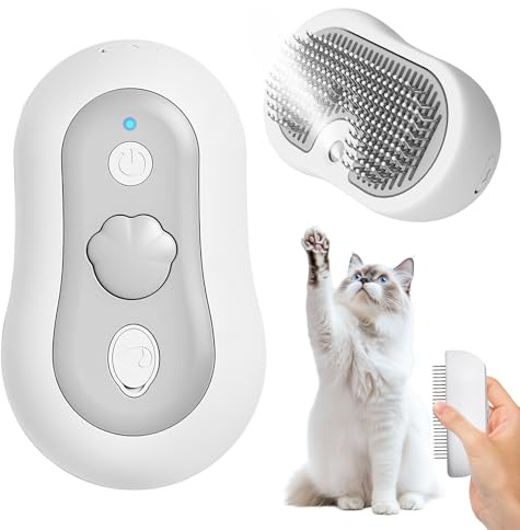 Katzenbürste mit Dampf & Auslöseknopf, Wiederaufladbar Dampfbürste von Katze Hunde, Massage Steamer Kamm Katzenbürste mit Wasser Tank für Langhaar und Kurzhaar zum Entfernen Losem Fell und Schmutz