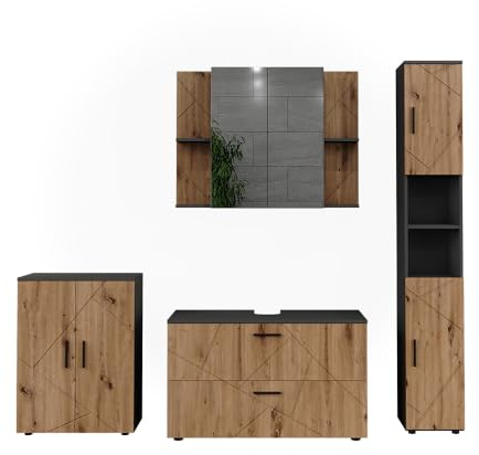 Vicco Badmöbel-Set Irma, Anthrazit/Goldkraft Eiche, 100.1 cm | besteht aus Waschbeckenunterschrank, Spiegelschrank, Hochschrank und Midischrank