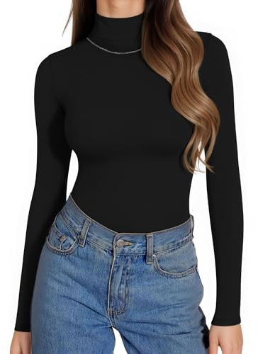 ALGALAROUND Womens Tops Long Sleeve Turtle Neck Shirt Ladies Shirts Slim Fit Basic Plain Roll Neck T Shirts Underwear Tight Top Tee