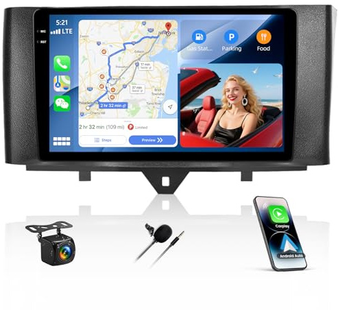 4G+128G CAMECHO Android 15 para Mercedes-Benz Smart Fortwo W451 2011-2015 con Navi Carplay Android Auto, 9'' Pantalla Doble DIN autoradio con Bluetooth5.0 FM/RDS 32EQ DSP SWC+Cámara Trasera