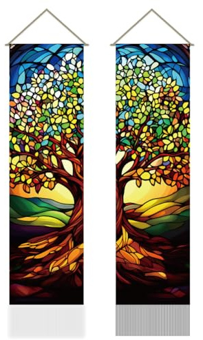 AHANDMAKER Wandteppich Mit Lebensbaum 2 Stück Bunter Baum Fantasie Wandbehang Dekor Vertikaler Langer Wandteppich Farbenfroher Buntglasstil Für Wohnzimmer Boho Mystische Dekoration 13 x 51 Zoll
