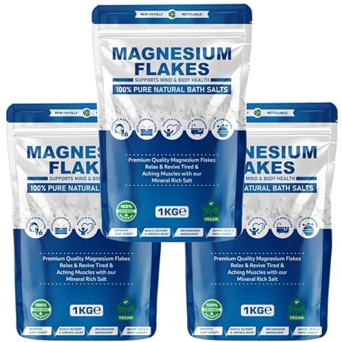 Pure Source Nutrition Magnesium Flakes 1kg – Pure Natural Bath Salts | Organic & Vegan Friendly | Ideal for Relaxing Soaks, Foot Baths, Skincare & DIY Bath Bombs (Pack of 3)
