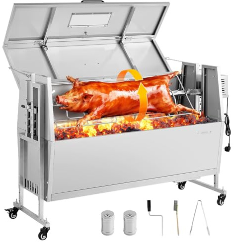 VEVOR Barbecue à Charbon Chargeant 60 kg, Barbecue Rôtissoire avec Roues, Kit de Tournebroche Électrique 38 W, 4 Niveaux de Hauteur, Broche en Acier Inoxydable, pour Agneau Porcelet, Extérieur