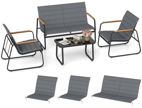 GOPLUS Salon de Jardin Exterieur 4 Personnes avec Coussins Amoivibles, 4+2 Pcs Salon de Jardin avec Canapé Jardin, 2 Chaises &1 Table Basse en Verre Trempé, pour Balcon, Terrasse, Cour