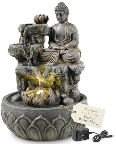 MIJOMA LED Zimmerbrunnen, Polyresin/Kunststoff, Warmweiße Beleuchtung, Beruhigendes Wassergeräusch, 12V Transformator, Perfekt für Ihre stilvolle Wohlfühloase (Quelle der inneren Mitte)