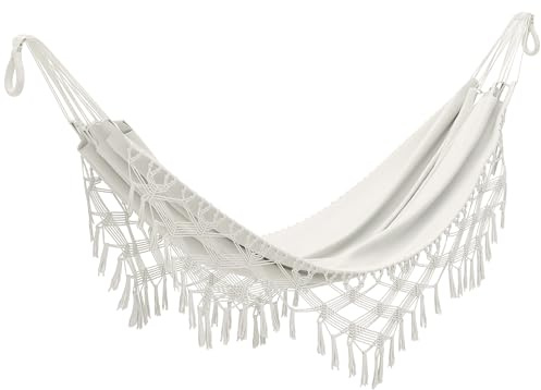 Outsunny Hamac Exterieur Bohème, Hamac Suspendu avec Frange macramée et Sac de Transport Extra Large pour Jardin, Camping, Terrasse, Patio, Beige