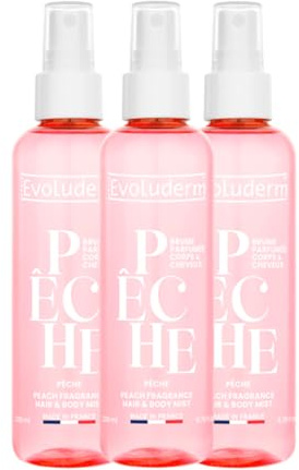 EVOLUDERM - Nebbia profumata pesca - 200 ml - 96% di ingredienti di origine naturale - Set di 3 x 200 ml