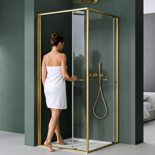 Mai & Mai Duschkabine Eckeinstieg 90x90 cm mit Schiebetür nach innen | Eckdusche Duschabtrennung 195cm Höhe, 6mm ESG-Sicherheitsglas Nano-Beschichtung Ravenna69K Gold