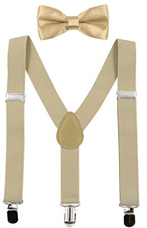 HANERDUN Unisex Hosenträger mit Fliege für Jungen und Mädchen, Befestigung mit drei Kleiderclipse am Hosenbund möglich, Beige, Einheitsgröße