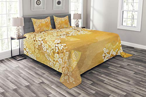 ABAKUHAUS asiatisch Tagesdecke Set, Ethnischer Spiritual Blooms, Set mit Kissenbezug farbfester Digitaldruck, für Einzelbetten 170 x 220 cm, Rinden Creme