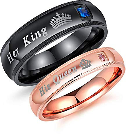 Beydodo 2 Herren Damen Verlobungsringe Her King & His Queen Rund Zirkonia Partnerring Ehering Edelstahl Ringe Schwarz Rosegold Damen Gr.60 (19.1) + Herren Gr.70 (22.3)
