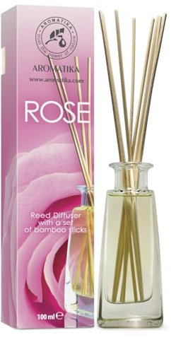 Raumduft Diffuser Rose 100ml - Geschenkset mit 10 Bambusstöcken - für SPA - Heim - Büro - Fitnessclub - Lufterfrischer - Raumduft-Set zum Aromatisieren - Bester Raumlufterfrischer