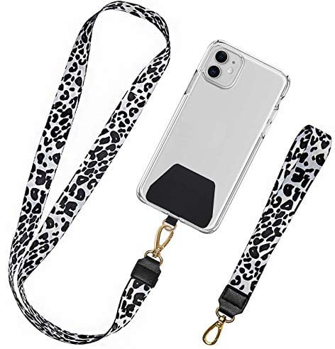 takyu Handykette, Universal Schlüsselband Halsband & Schlaufe zum Umhängen Kompatibel mit iPhone/Samsung/Huawei/Xiaomi (1 Halsband+1 Handschlaufe,Leopard weiß)