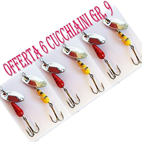 Cucchiaino Rotante Artificiale Pesca Trota Fiume Lago Vespato Giallo Rosso KIT 6 PEZZI GR. 9