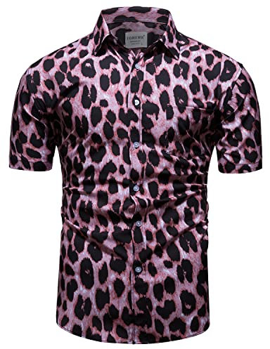 fohemr Hommes Léopard Chemise à Manches Courtes Button Down Motif Animal Tigre Chemise d'été Rose X-Large