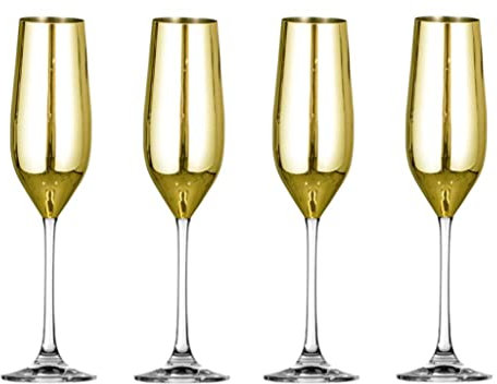 Sparkleware Set of 4 Metallic Gold Glass Champagne Flutes/Glasses - Toasting Flutes for Wedding or Birthday Celebration (Gold Tops)