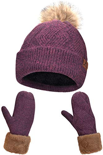 Maylisacc Wintermütze Damen mit Bommel und Fäustlinge Warm Winter Set Fleece Handschuhe Strick Bommelmütze Kunstfell für Frauen Elegant