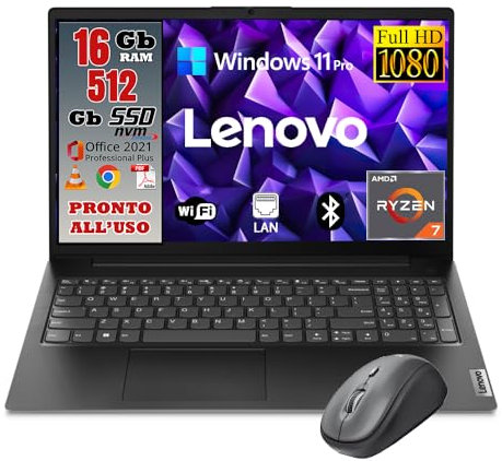 Lenovo Notebook NUOVO • CPU Amd Ryzen 7 • Ram 16GB • Monitor 15.6 Full HD • SSD 512 GB • Ingresso LAN, HDMI, USB • Sistema operativo WIN 11 PRO e Pacchetto Office • MOUSE WIRELESS • PRONTO ALL'USO