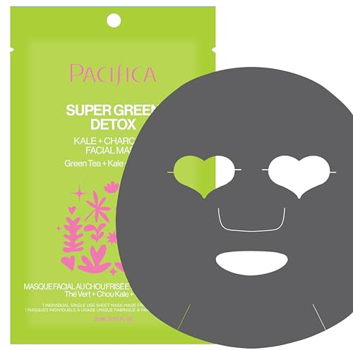 Pacifica Super Green Detox Sheet Mask – Charcoal, Kale & Clay Pore Cleansing Mask for Oily, Blemish-Prone Skin, Deep Detox Facial Mask, Vegan
