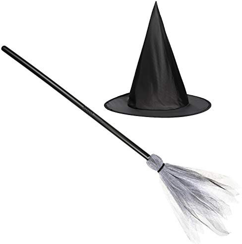 Children's Witch Hat and Broomstick - World Book Day and Halloween Kid's Fancy Dress/Costume Accessories/Party Props - Plastic Toy Broom Black Witch Hat Girls and Boys Witch Accessories