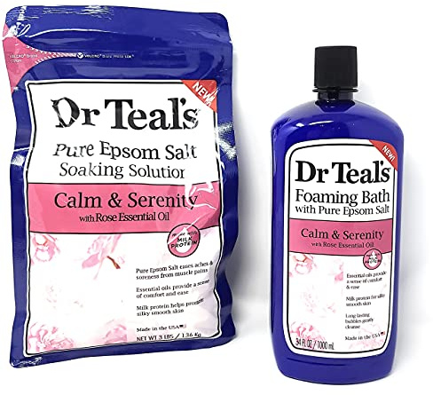 Bundle of Dr Teals Calm & Serenity with Rose Essential Oil (Made with Milk Protein): Pure Epsom Salt Soaking Solution 3 LBS & Foaming Bath 34 FL OZ