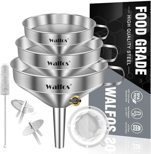 Walfos 3Pcs Kitchen Funnel with 2 Removable Strainer & 1 Cleaning Brush & 1Pc 200 Mesh Food Filter Strainer, Food Grade Stainless Steel Funnel for Transferring of Liquid, Oils, Jam, Dry Ingredients