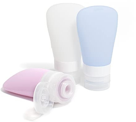 Larelle Juego de 3 botellas de viaje de silicona de 60 ml, sin BPA, rellenables, a prueba de fugas, color azul claro, rosa, blanco