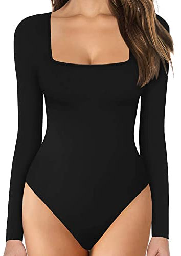 KOEMCY Body Damen Langarm, Bodysuit Oberteil Body Sexy Damenbody Schmal Bodysuits Tops Unterziehbody Elegant Langarmbody für Frauen Langarm (Schwarz, M)