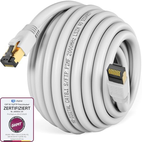 HB-DIGITAL 10m CAT 8 LAN Kabel Netzwerkkabel Patchkabel AWG 24 S/FTP LSZH 40Gbps 2000MHz - GHMT Zertifiziert - reines Kupfer mit vergoldete RJ45 Stecker für Switch, Router, Modem, PC - Weiss