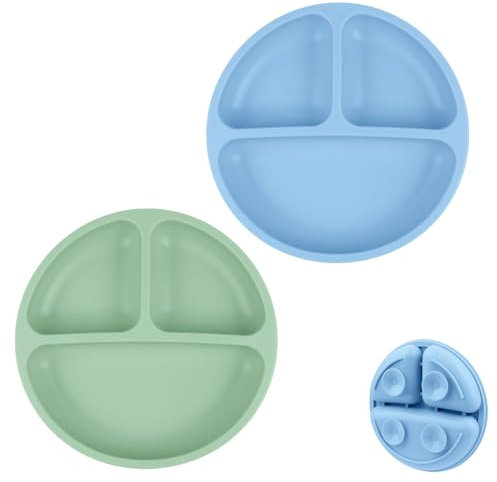Vicloon Assiettes en Silicone avec Ventouse pour Bébé,2PCS Assiette Ventouse Pour Bébé, Pour les tout-petits et l'auto-alimentation- Passe Au Lave-vaisselle et Au Micro-ondes(Gris Bleu/Vert)