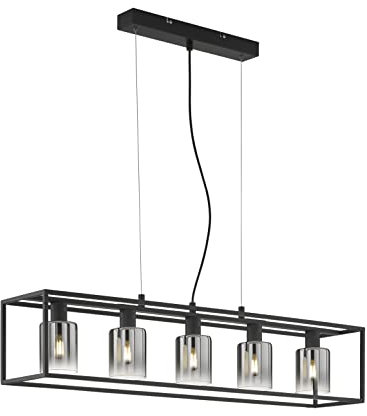 Fischer & Honsel | Pendelleuchte, Iska | sandschwarz| Glas| rauchfarben zu klar| L: 95,00 cm, B: 18,00 cm| Ausl. Decke: 150,00 cm |Höheneinstellenbar| 5x E14 max. 10,0 Watt| 60908