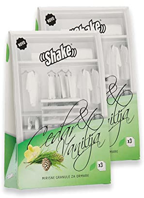 SHAKE Lot de 2 coussins parfumés à suspendre pour armoire, salle de bain, sac, tiroir et voiture, 3 sachets parfumés + crochets de suspension (cèdre et vanille)