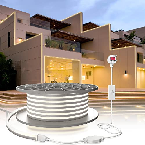 YOODI Neon LED Strip Lights 20M, 220-240V 120LED/M White Light LED Light Strips, IP65 Waterproof Flexible Neon Rope for Kitchen Bedroom Outdoor Indoor Decoration Includes Power Adapter