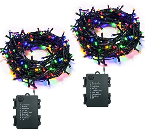 Lichterkette Batterie mit Timer 2 Stück 5m 50LEDs Außen Lichterkette Batteriebetrieben mit 8 Modi, Innen Lichterkette mit Akku für Weihnachten Halloween Garten Balkon Hochzeit Party Deko DIY, Bunt