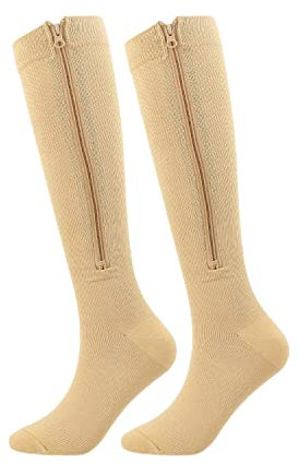 Calze a compressione medica con cerniera da donna e uomo in nylon ad alta elasticità con punta chiusa a pressione per edema vene varicose (2 paia) (L/XL, colore della pelle punta chiusa)