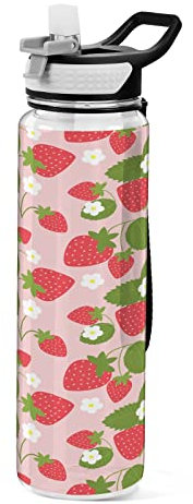 CHIFIGNO Red Strawberries and Flowers Water Bottle 32oz Sports Water Bottles with Straw and Carrying Strap, 1Liter Leakproof Reusable Water Bottle for Fitness Gym Outdoor