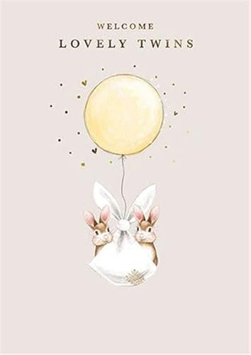 Paper House Glückwunschkarte zur Geburt von Zwillingen, Häschen und Ballon mit Folien-Details, umweltfreundlich und recycelbar