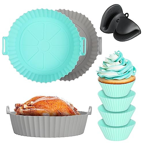 ALTcompluser Silikonform für Heißluftfritteuse, 8 Stück Airfryer Silikonform Set, 20cm Airfryer Silikon Pot Liners, Runde Zubehör Heißluftfritteus mit Handschuhen, Muffinformen, Topflappen Silikon