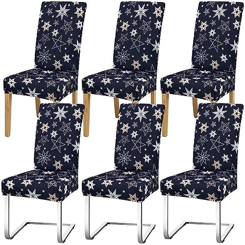Stuhlhussen Weihnachten 6er set Universal Stuhlhussen für Schwingstühle Elastic Moderne Hussen für Stühle Stuhlbezug Stretch Abdeckung Abnehmbare Waschbar für Esszimmer, Hotel, Bankett, Schneeflocken
